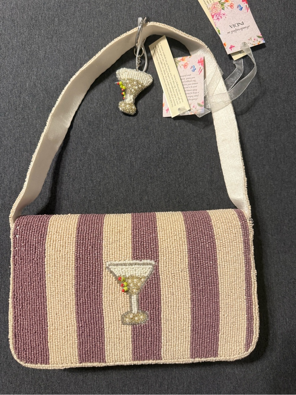 T.J.Maxx Beaded Martini Stripe Shoulder Bag in Cream and Mauve - Picture 2 of 5